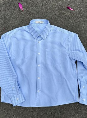 Erole 60支纯棉轻薄编织条纹衬衫短宽高知风慵懒松弛蓝色百搭衬衣
