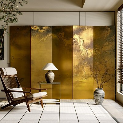 金箔实木新中式屏风隔断客厅办公室定制装饰遮挡折叠移动背景