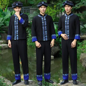 24新款黑色壮族服装男传统民族服饰儿童民族服舞蹈舞台表演服男士