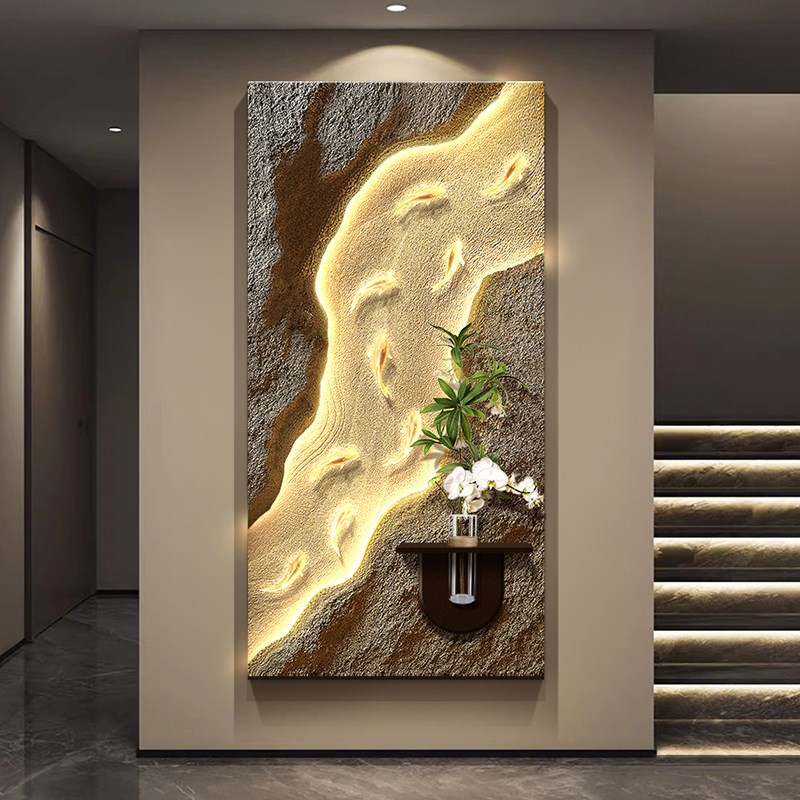 九鱼图玄关装饰画新中式寓意好入户门立体挂画高级感走廊过道壁画图片