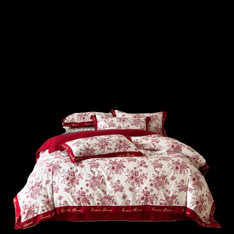 简约红色结婚印花100支长绒棉四件套喜被陪嫁新婚庆床上用品4