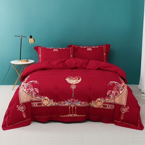 冬季结婚 100支全棉磨毛婚庆四件套纯棉绣花中式暖大红色床上用品