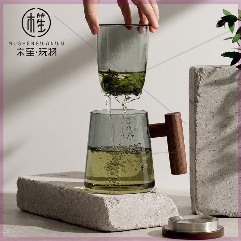 木把茶水分离泡茶杯办p公室居家玻璃杯花茶杯网红大容量杯耐热水