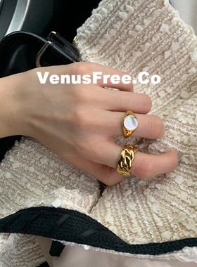 强推质感!不掉色高电镀18K金加厚粗链条平切变光白母贝戒指环男女