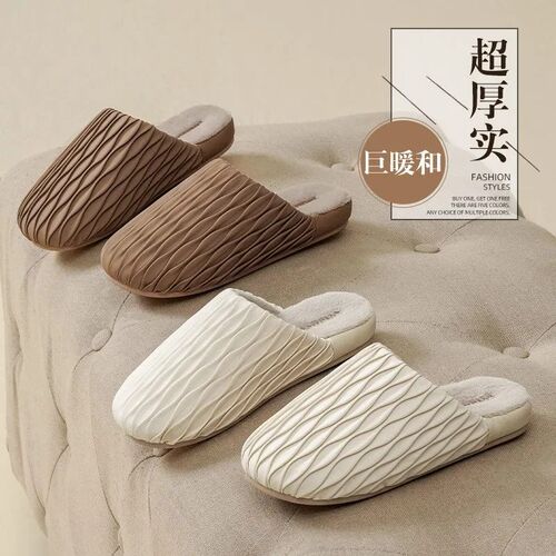 2024新款高级感防水棉拖鞋女pu皮秋冬季K保暖加绒居家用室内男冬