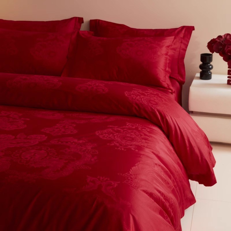 中式婚礼结婚四件套大红色新婚陪嫁提花被套婚庆床上用品婚房备婚