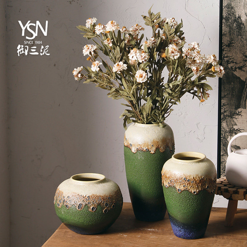 御三泥田园风粗陶花器干花插花花瓶土陶花盆新中式装饰品摆件罐子