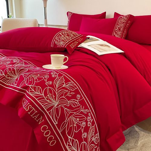 结婚四件套床上用品大红色喜嫁被套新婚床单双人喜被婚庆婚嫁2.0m