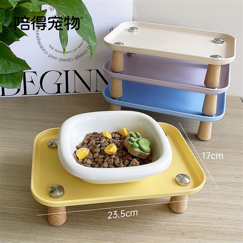 宠物餐盘抗菌陶瓷碗套装加高防漏食护颈猫碗狗碗大开口加高碗架