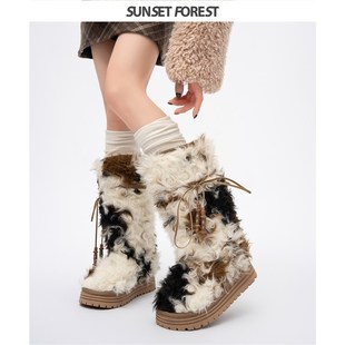 落日森林小卷毛高筒加厚雪地靴女2024冬季 厚底加绒长筒靴棉靴 新款