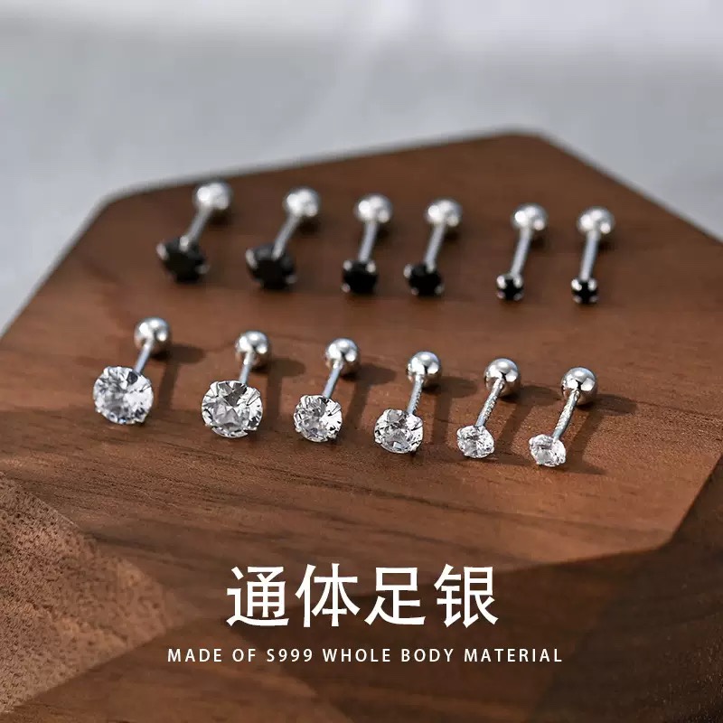 S999纯银耳钉女镶锆耳骨钉2025年新款足银耳棒睡觉免摘养耳洞耳饰