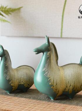 新中式绿色陶瓷富贵马摆件一对客厅玄关电视柜轻奢高档艺术装饰品
