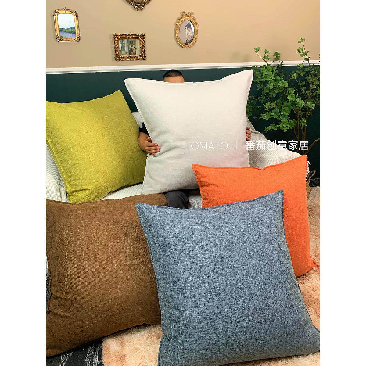 纯色加厚亚麻沙发抱枕靠垫套客厅靠枕床头特大号靠背枕抱枕套含芯