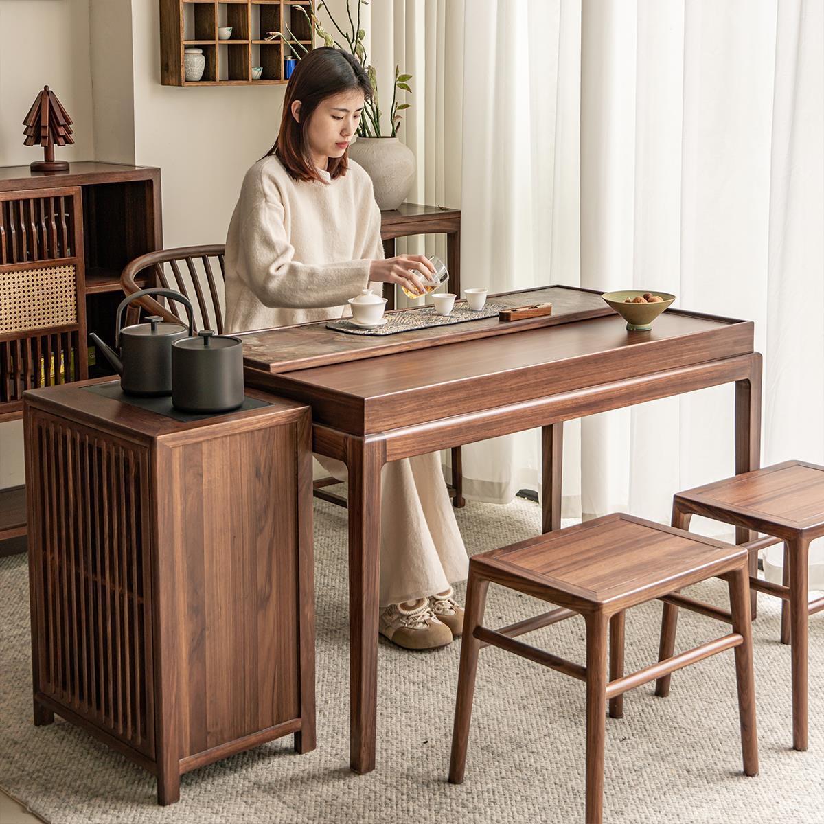 北美黑胡桃木新中式实木家用阳台收纳小茶台茶桌2024新款高端小型