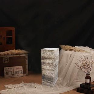 侘寂风进口大理石洞石客厅玄关桌脚茶几方柱墩子雕塑展示装 饰摆件