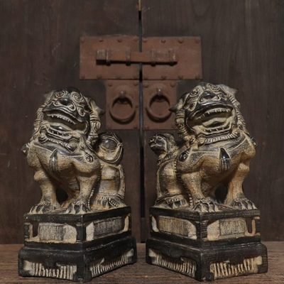 仿古石雕青石复古雌雄狮子一对中式案头茶席装饰摆件文玩收藏包邮