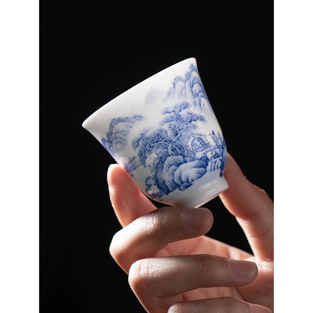 玖廷手绘青花瓷陶瓷茶杯白瓷品茗主人杯茶具套装景德镇高档小茶杯