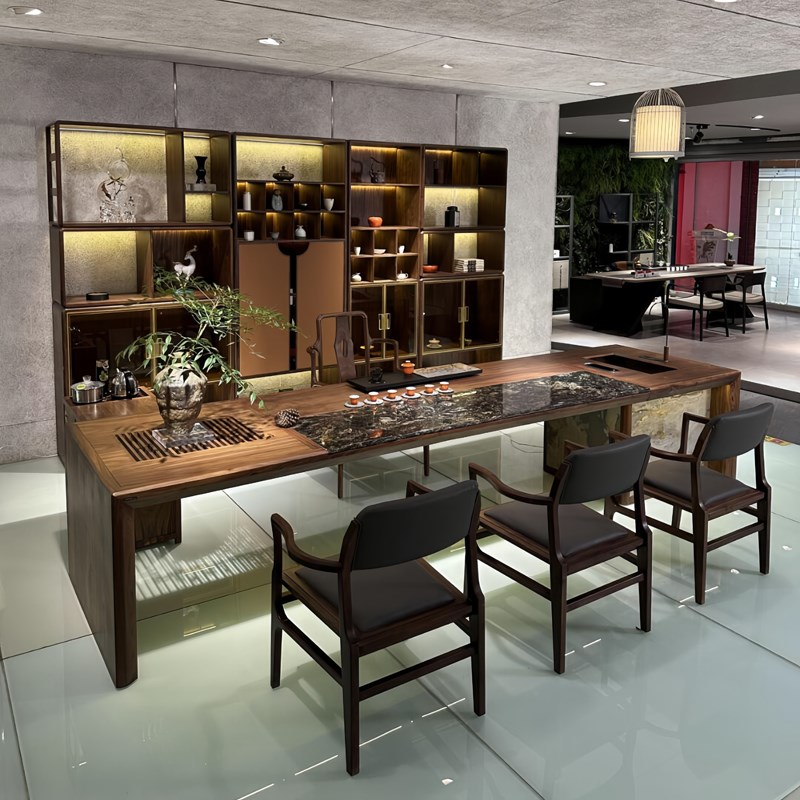 新中式茶桌高端黑胡桃木实木茶台现代轻奢家用办公室高级感泡茶桌