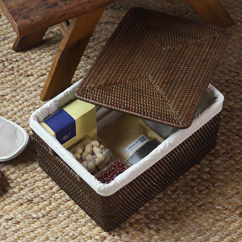藤编收纳盒筐越箱侘寂风棕色咖啡中式JZV盒带带盖内衬南手工编织