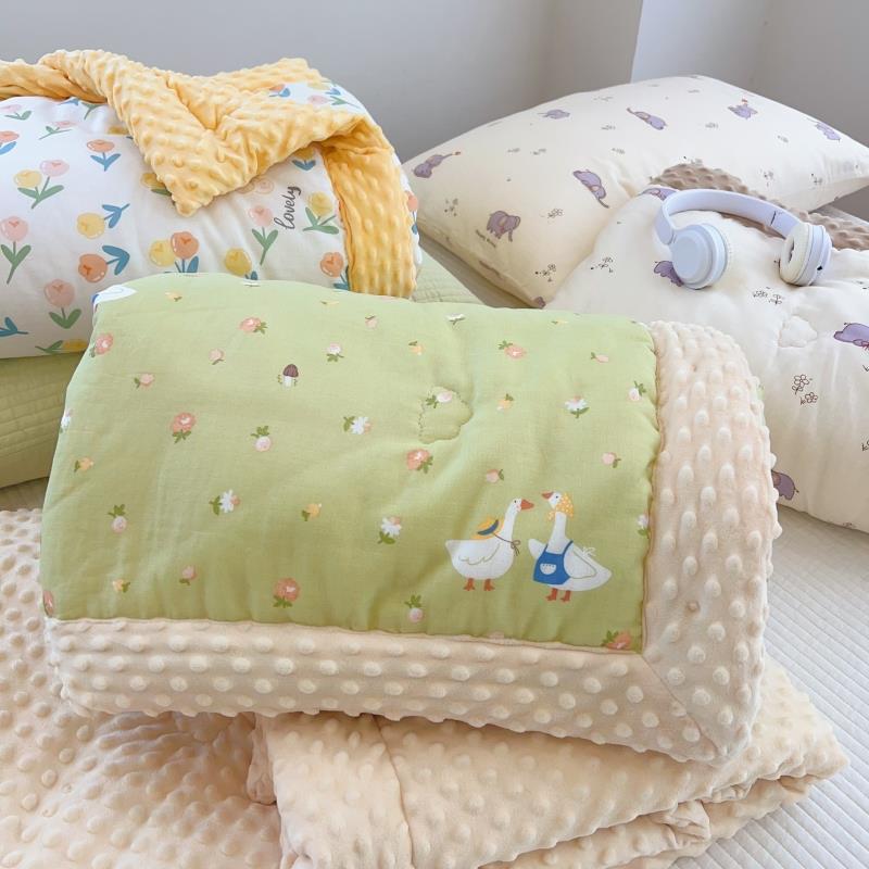 A类全棉儿双层毯毛纱童毯3D豆LAL豆绒安抚毯加厚夹棉沙发毯宝宝小