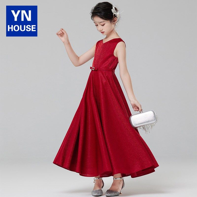 女童晚礼服红色小女孩高端花童公主裙儿童小主持人钢琴演奏演出服