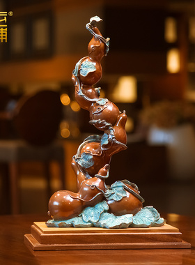 纯铜五福临门葫芦摆件中式客厅玄关办公室摆放桌面装饰品礼品