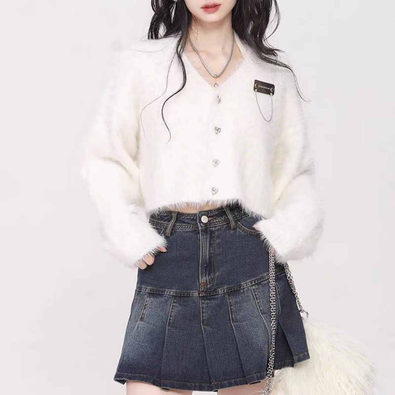 国潮春秋外套女奶糯毛茸茸短开衫v领毛衣针织衫小个子女生外搭潮