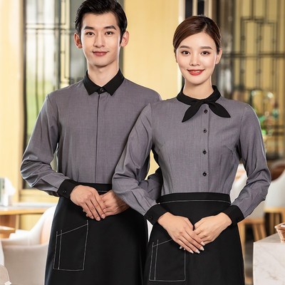茶楼比萨服务员工作服衬衣长袖餐厅酒吧饭店女春冬装专业交叉领领