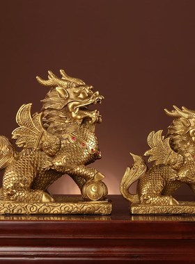 铜麒麟摆件一对纯黄铜踩八卦家用办公室桌工艺品店铺开业装饰礼品