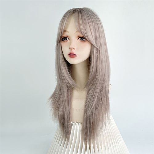 美立方假发全头套女灰粉色中分长直发无刘海高层次日常混血潮y2k