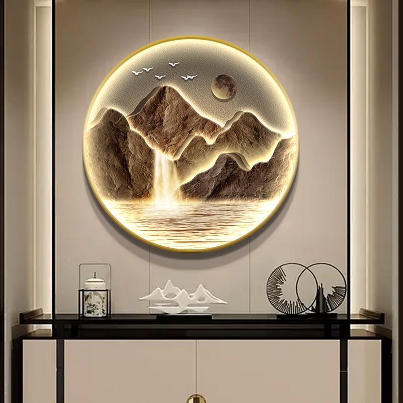 流水生财玄关装饰画现代轻奢入户对门圆形发光壁画茶室背景墙挂画