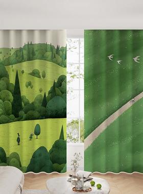 治愈系插画窗帘绿色全遮光卧室隔音2025新款高级感防晒遮阳布定制