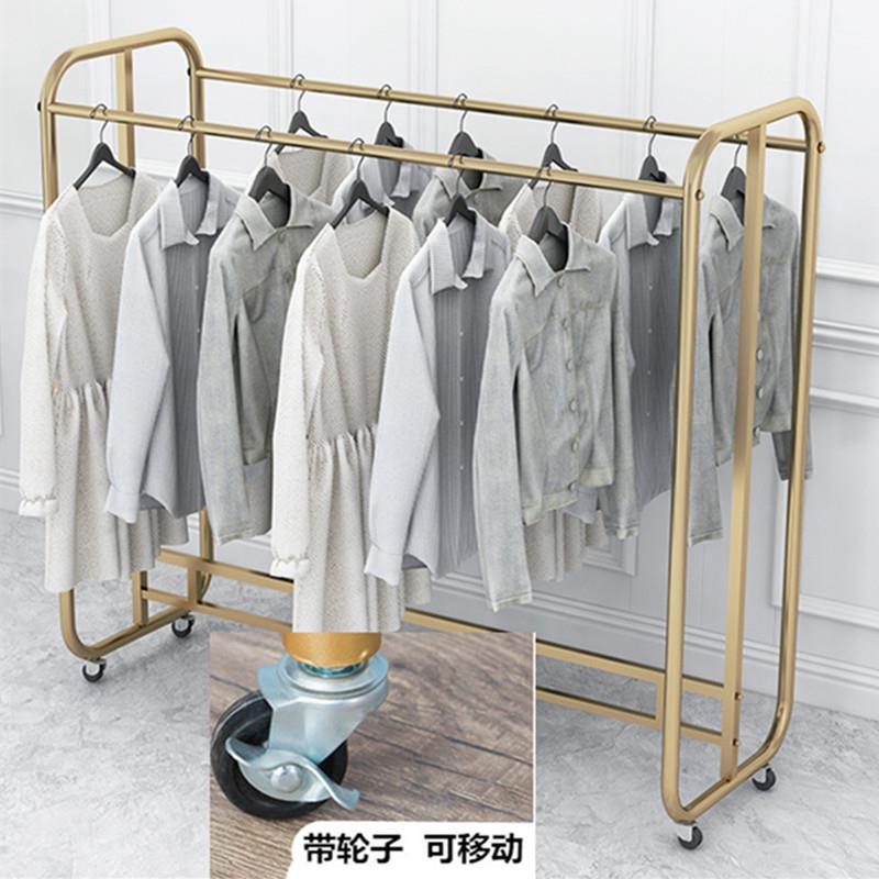服装店中岛架落地式双排双杆金色货架展示架女装挂衣架可移动带轮