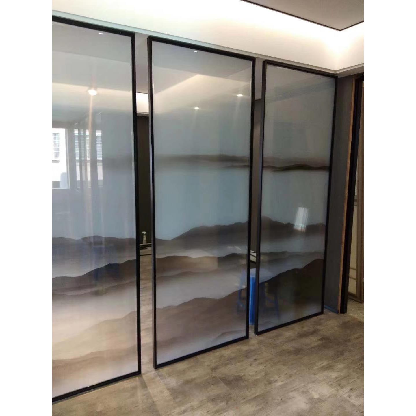 定做办公隔断玄关屏风夹胶夹绢丝钢化夹层双层夹娟画玻璃水墨山水