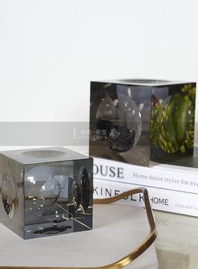现代轻奢灰色方形水晶摆件样板房客厅书柜桌面咖色方块创意装饰品