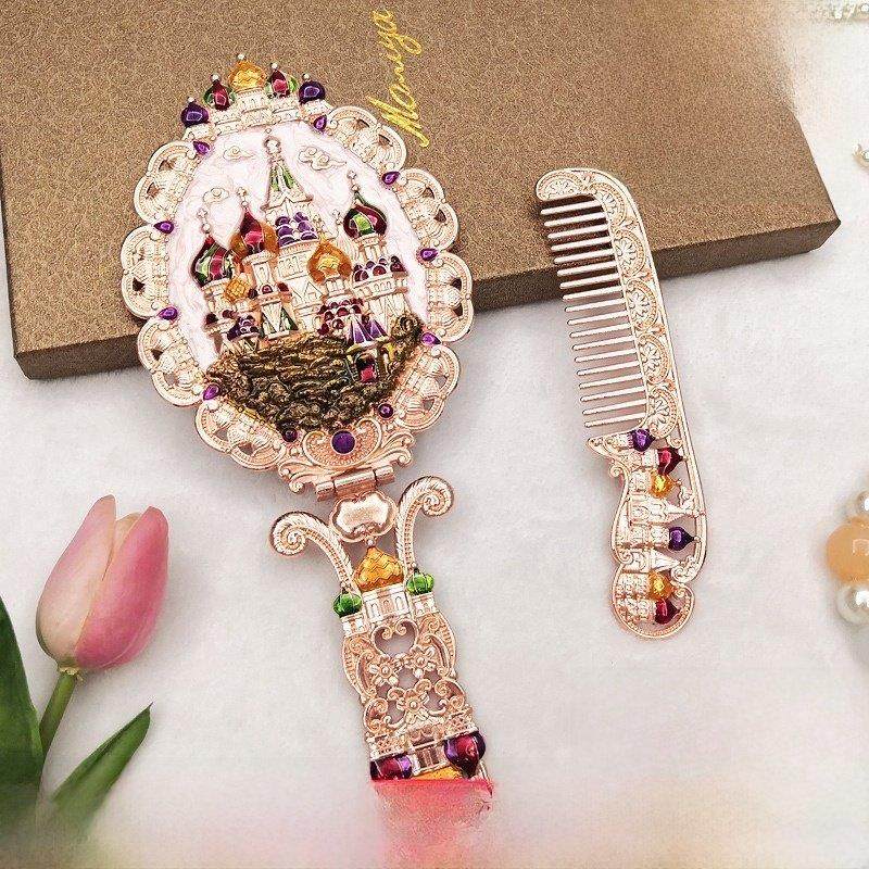 覆古俄罗斯城堡金属镜子女化妆镜大号折叠手柄镜手持镜梳套装礼物