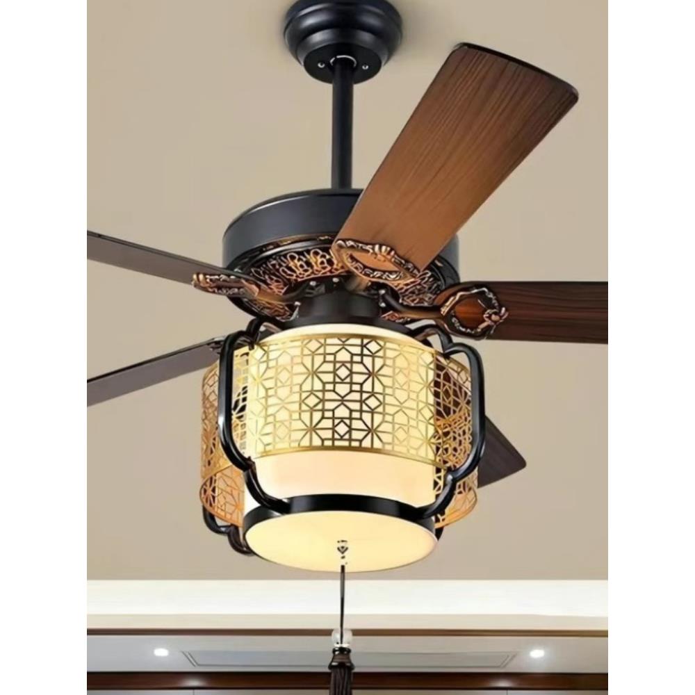 新中式餐厅风扇灯复古客厅卧室茶室仿古带灯吊扇灯智能变频电扇灯