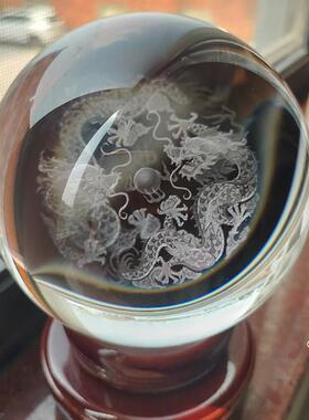 双龙戏珠立体内雕水晶球装饰摆件客厅简约抽象结婚创意模型