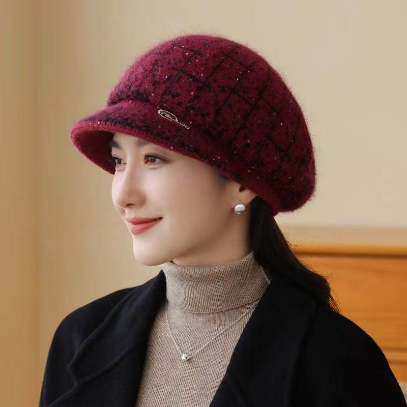秋冬毛线帽户外甜美百搭保暖防寒护耳帽中老年优雅鸭舌帽冬季加厚