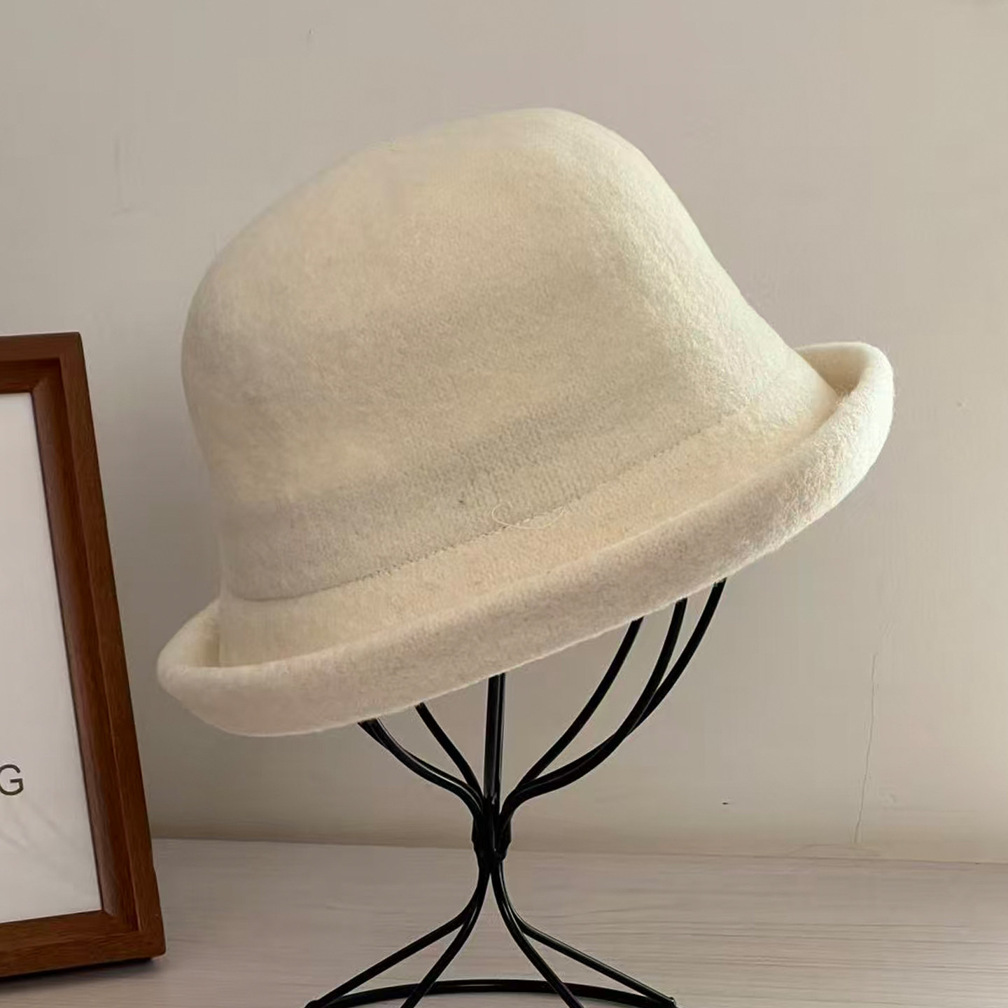 女秋冬法式复古羊毛盆帽卷边毛呢毡帽时尚渔夫帽子女保暖优雅礼帽