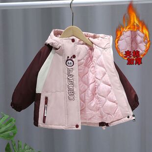 女童亮灯拉布布二棉外套秋冬2025新款洋气儿童卡通连帽夹棉冲锋衣