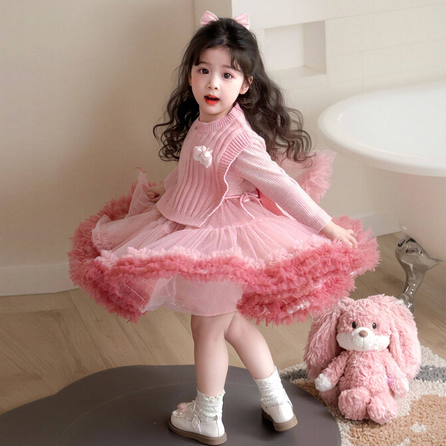 女童套装秋冬季女宝宝库洛米针织马甲背心长袖连衣裙两件套TUTU秋