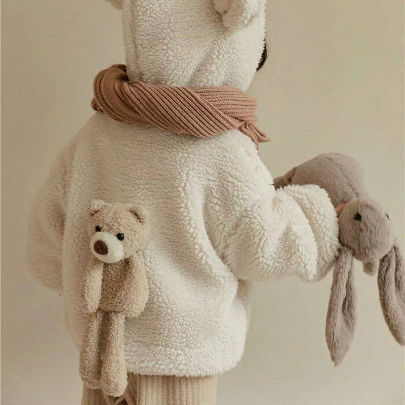 女童羊羔绒秋冬款中小童外套加绒加厚连帽衣洋气保暖外套