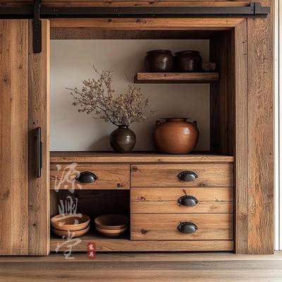 侘寂风厨房餐边柜 家用陈列柜 实木收纳柜储物衣柜阳台柜 源兴堂