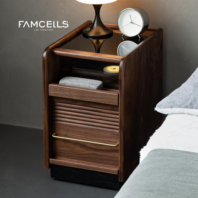 黑胡桃木床头柜卧室家用窄储物收纳柜北欧简约实木移动边柜小户型