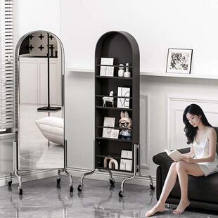 可移动镜子全身镜杂志架落地镜卧室旋转全身镜收纳家用置物全身镜