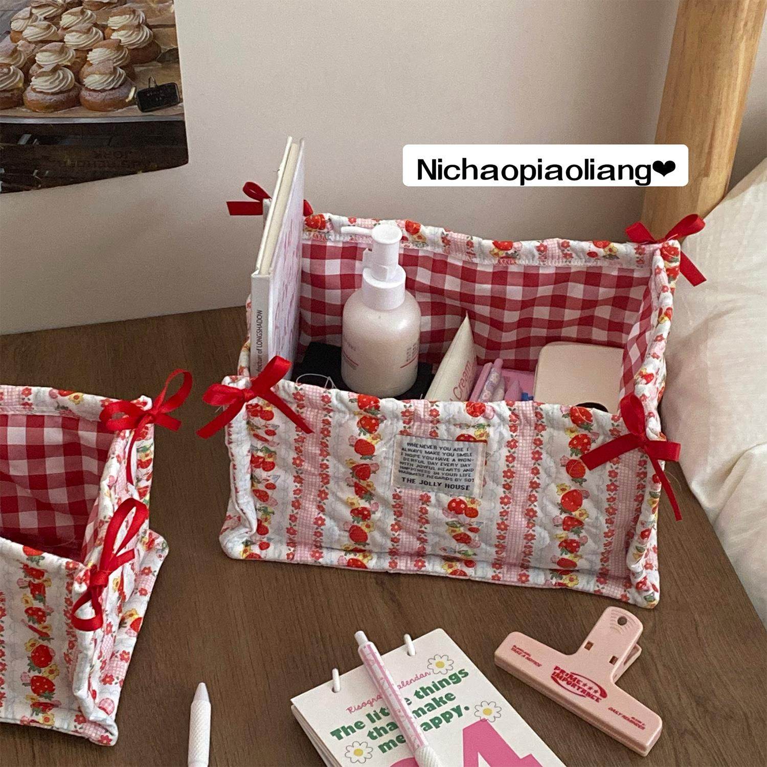 韩系手工布艺桌面收纳筐ins风可折叠收纳盒桌面零食化妆品整理盒