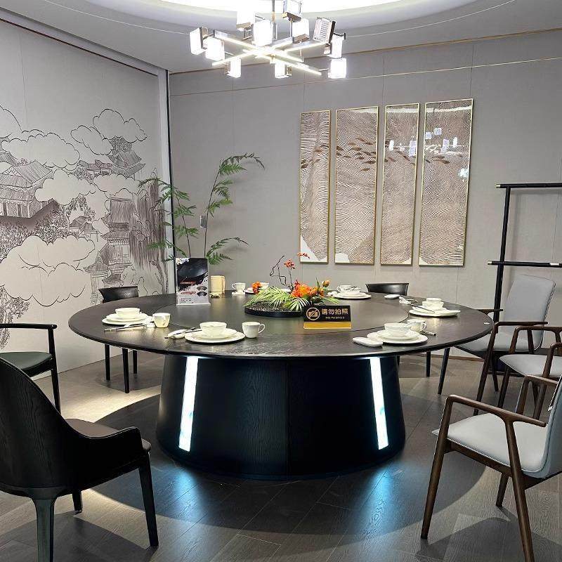 新中式酒店电动餐桌大圆桌15人20人饭店会所包厢民宿岩板餐桌定制