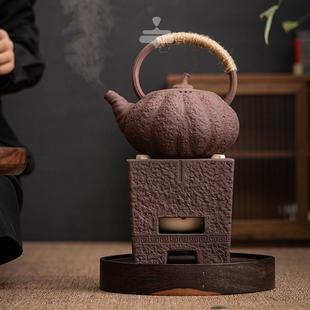 古早烧粗陶铁锈釉提梁烧水壶设计复古侧把壶炭炉酒精炉煮茶器套装