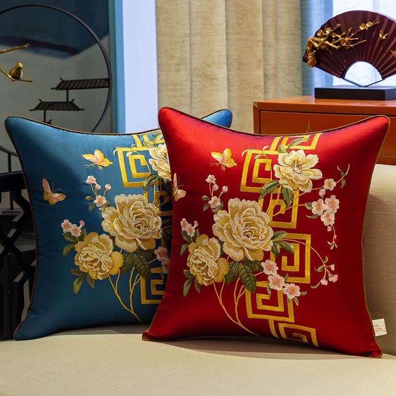 新中式抱枕刺绣靠垫中国风实木沙发靠枕绣花腰枕客厅枕套靠背定制
